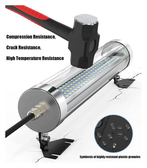 Built Tough LED Shop Light With Adjustable Bracket For Industrial Machines Or Workshop 25W Universal 110V To 220V Ultra Bright Utility Work Light Multi Angle Mount Long Lasting Tube Style Fixture with hammer demonstrating resistance