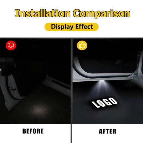 Installation comparison showing before and after effect of Dope Car Door Lights Logo Projector With Hd Led Welcome Light For Lexus Models.