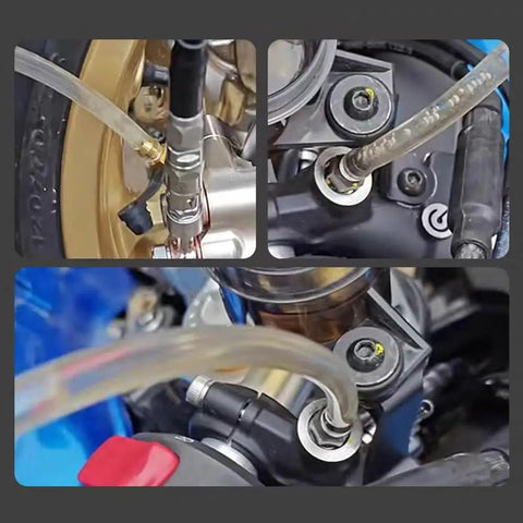 Close-up of Two Pack Brake Bleeder Hose Kit With One Way Check Valve for Motorcycle Brakes showing aluminum valve and clear PVC tubing in use