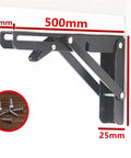 Two Pack Black Triangle Folding Angle Brackets For Heavy Duty Wall Shelves And Tool Mounts with screws, metal support measurements