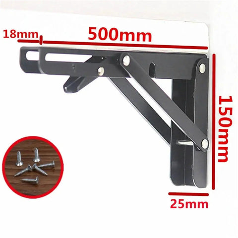 Two Pack Black Triangle Folding Angle Brackets For Heavy Duty Wall Shelves And Tool Mounts with screws, metal support measurements