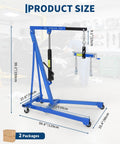 1.5 Ton Hydraulic Engine Hoist With Telescoping Boom Shop Crane For Garage And Warehouse Use 3000 Lb Capacity 4 Heavy Duty Casters Cherry Picker For Automotive Machinery And Equipment Lifting Blue with dimensions.