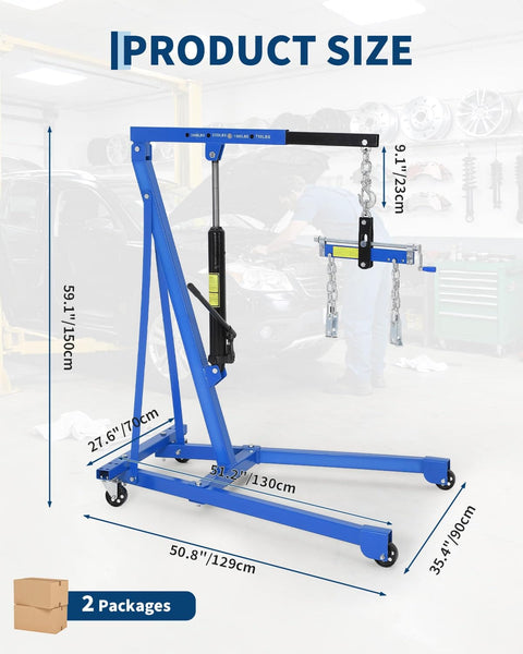 1.5 Ton Hydraulic Engine Hoist With Telescoping Boom Shop Crane For Garage And Warehouse Use 3000 Lb Capacity 4 Heavy Duty Casters Cherry Picker For Automotive Machinery And Equipment Lifting Blue with dimensions.