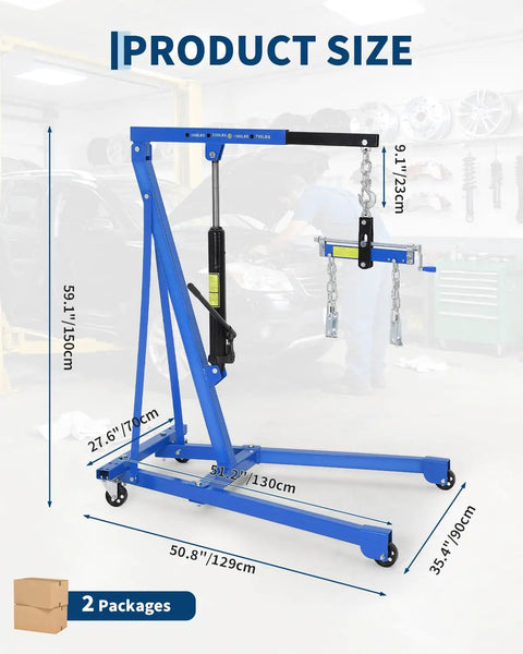 Badass Portable 3000 Lb Hydraulic Engine Hoist Shop Crane With Telescopic Boom And 4 Swivel Casters Cherry Picker Lift For Garage Auto Repair And Warehouse Heavy Duty Blue Rig dimensions displayed.