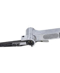 Rock Solid Quarter Inch Pneumatic Belt Sander Hella Durable Stainless Steel Handheld Angle Grinder showing angled view of sander.