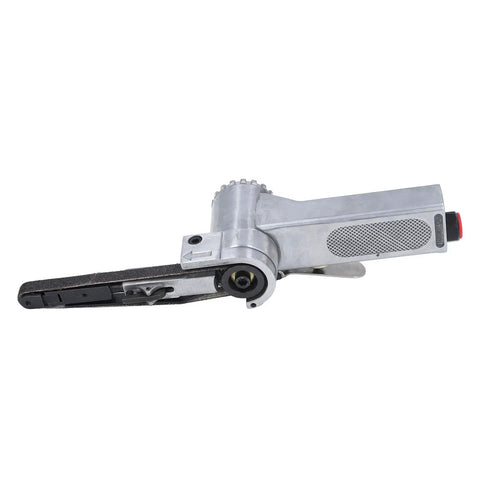 Rock Solid Quarter Inch Pneumatic Belt Sander Hella Durable Stainless Steel Handheld Angle Grinder showing angled view of sander.