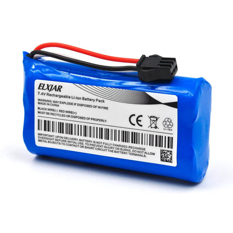 Close-up of 7.4V Li-Ion battery pack with SM-3P plug for RC cars, visible label with specifications and warnings.
