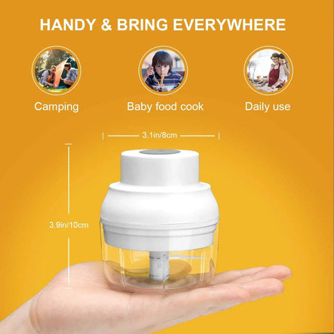 Electric Garlic Chopper Mini held in a hand, showcasing portable size and white design, ideal for quick meal prep.