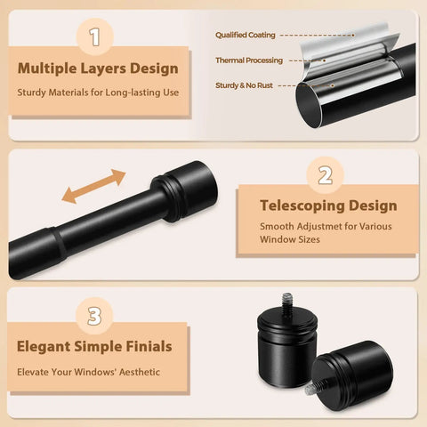 Diagram of Heavy Duty Telescoping Double Curtain Rod For Windows 72 To 144 Inches, showcasing design features and simple end finials.