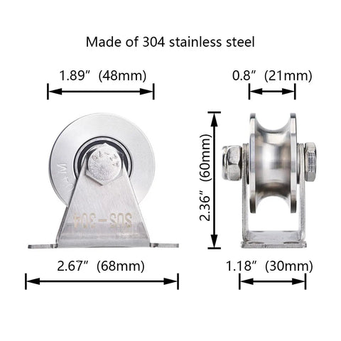 U Type Stainless Steel Groove Wheel Pulley For Wall Mounted Ceiling Lifting With Removable Double Bearing Durable Hoist Block Easy To Clean And Install Four 7mm Mounting Holes For Wood Metal Or Concrete Surfaces, 304 stainless steel, 60mm