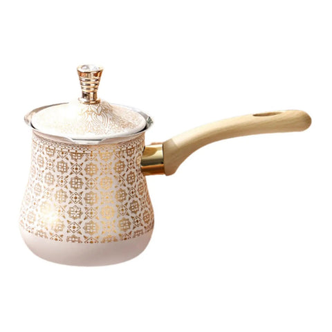 Turkish Warmer Coffee Pot With Tealight Warmer Base For Butter Chocolate Melting Kettle Stovetop Teapot 900ml, wood handle, decorated design.