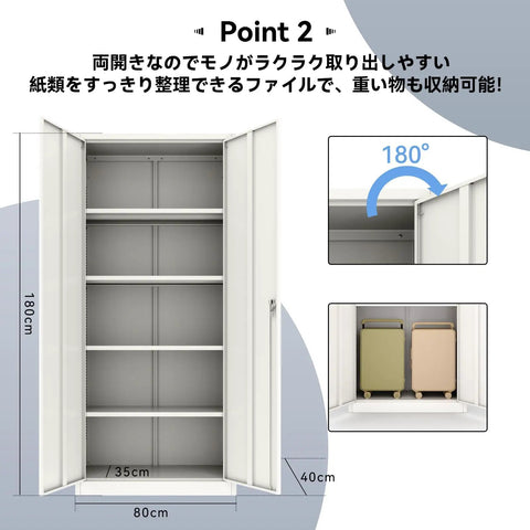 Heavy Duty Lockable Steel Storage Cabinet With Four Adjustable Shelves 71 Inch Tall Holds 400 Lbs Per Shelf Non Toxic Zero VOC For Garage Shop Office Or Warehouse White Finish, open doors view, 180° hinges