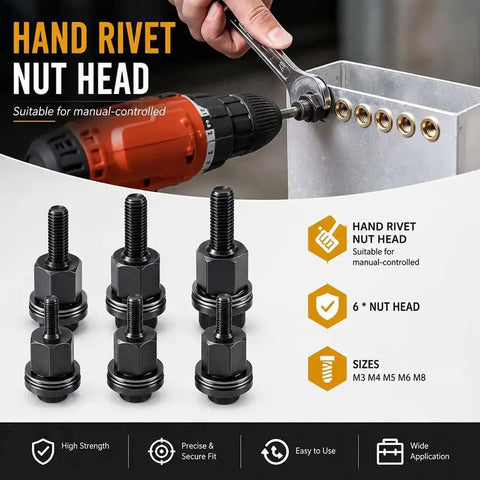 Garage Ready Carbon Steel Rivet Nut Tool Kit M3 To M8 Hand Crimping Pliers for Car Panel Mods showing six nut heads in various sizes.