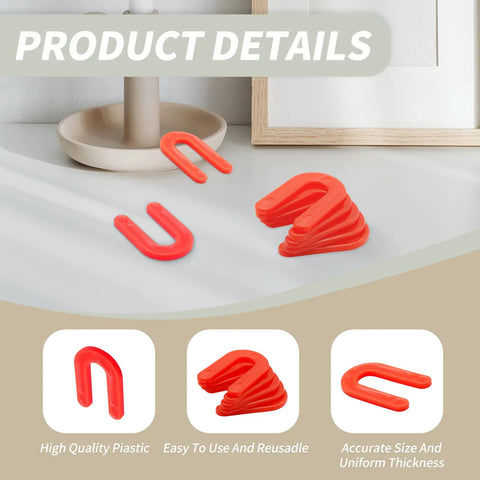 Red 50 Pack U Shaped Tile Spacers One Eighth Inch For Leveling, shown stacked on a surface, made of durable Plastic PP Gaskets for DIY tile install