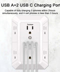 Wall Mount Outlet Extender With Heavy Duty Surge Guard Six Widely Spaced Ac Outlets Four Usb Charging Ports Two Type C Ports with cords.