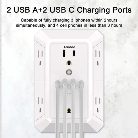 Wall Mount Outlet Extender With Heavy Duty Surge Guard Six Widely Spaced Ac Outlets Four Usb Charging Ports Two Type C Ports with cords.