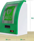 Angled front view: AED defibrillator storage cabinet, green steel, with key and alarm, adjustable partition for home use