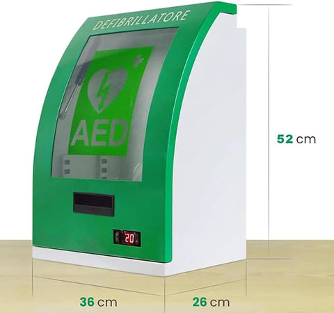 Angled front view: AED defibrillator storage cabinet, green steel, with key and alarm, adjustable partition for home use