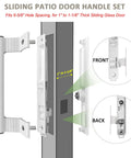 White Sliding Glass Door Handle Set With Sturdy Latch And No Hassle Install For All Standard Patio Doors showing front and back view, fits 1 to 1-1/8 inch thick glass doors.
