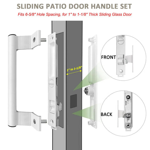 White Sliding Glass Door Handle Set With Sturdy Latch And No Hassle Install For All Standard Patio Doors showing front and back view, fits 1 to 1-1/8 inch thick glass doors.