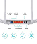 Back view of Archer A54 Dual Band AC1200 WiFi Router with 4 Fast Ethernet Ports and labeled connections for EasyMesh setup.