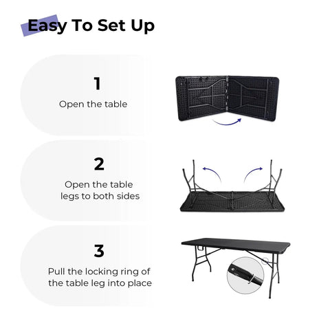 Assembly instructions for Heavy Duty 6 Foot Folding Table Portable Plastic Fold In Half for Indoor Outdoor Use with Carrying Handle