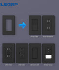 Matte Black 1 Gang Screwless Decorative Wall Plate Standard Size Built To Last Thermoplastic Faceplate Cover For Decorator Receptacle Outlet Switch UL Listed 5 Pack displayed with decor switch and outlets