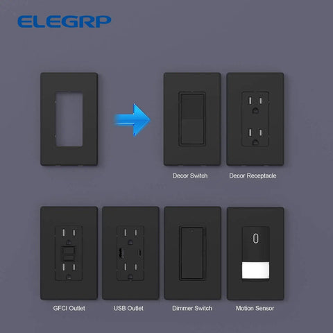 Matte Black 1 Gang Screwless Decorative Wall Plate Standard Size Built To Last Thermoplastic Faceplate Cover For Decorator Receptacle Outlet Switch UL Listed 5 Pack displayed with decor switch and outlets