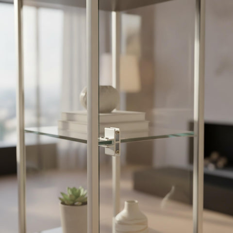 Heavy Duty Aluminum Glass Partition Clip Connector For Shelves And Cabinets, seamless panel mount, silver finish, installed on shelving