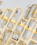 Sleek Crystal Ceiling Pendant Light With Modern Designer Shape And Energy Efficient Led Bulbs For Living Room Or Dining Area close-up of crystal details in gold frame.