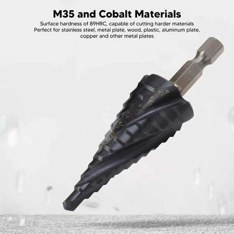 Rock Solid M35 Cobalt Step Drill Bit Set With 4 Flute Spiral Design For Metal Wood Plastic Hole Drilling Including Multi Size Tools And Standard Bits To Make Tough Cuts Easy Without Heating Up Or Breaking Down. M35 cobalt step drill bit with 1/4 shank