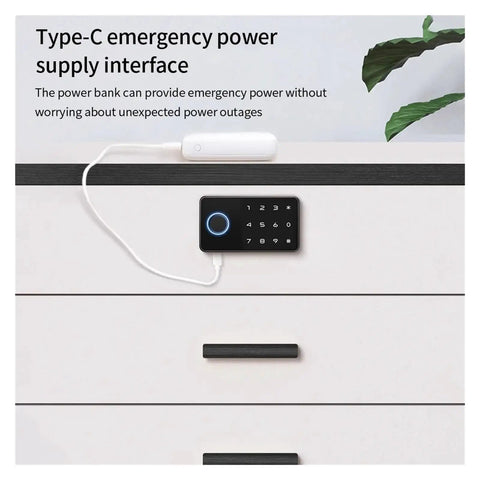 Tuya Smart Fingerprint Lock For Cabinets And Drawers connected to Type-C emergency power bank on drawer