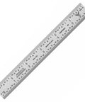 Dead Nuts Accurate Six Inch Metal Ruler Featuring Sharp Etched Scale Markings Built From Fully Hardened Carbon Steel With Sleek Chrome Plating on white background.