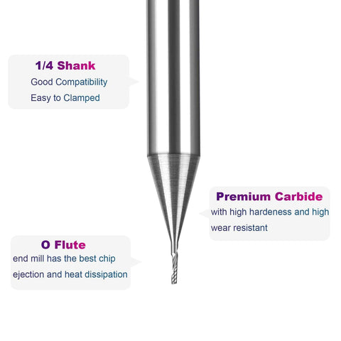 SpeTool O-flute router bit, 1/4 in shank, 1/32 in cutting diameter; upcut, single-flute solid carbide end mill