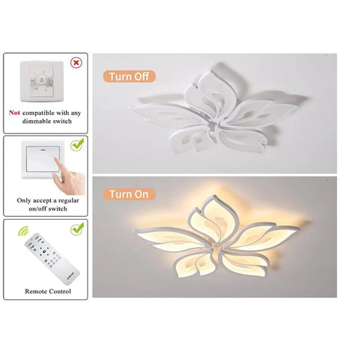 Five Leaf LED Ceiling Light With Remote Control For Living Room, turn off/on demo, remote and switch compatibility shown