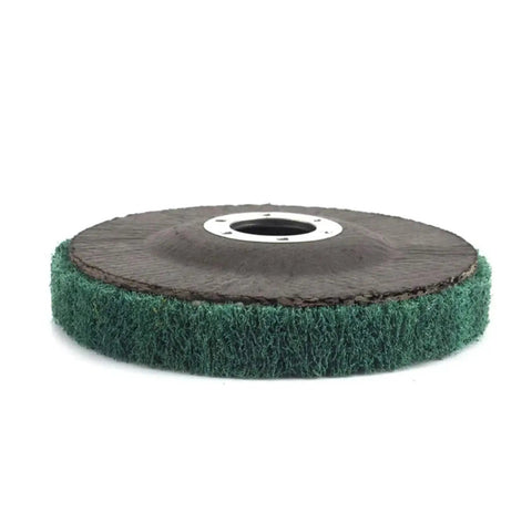Nylon Fiber Flap Discs Set Quick Change Safety Torque Lock For Metal Grinding Buffing Paint Stripping And Surface Prep High Speed Polish side view of green abrasive disc with metal center