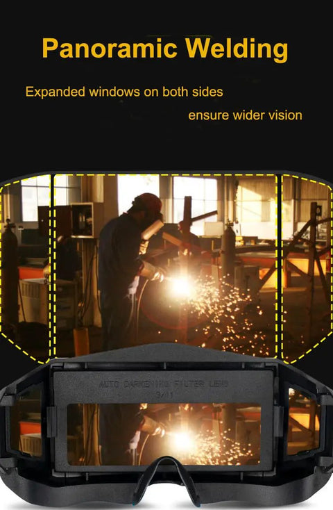 Solar Powered Auto Darkening Welding Glasses With Wide Shade For Tight Spaces Lightweight Safety Goggles with panoramic view.