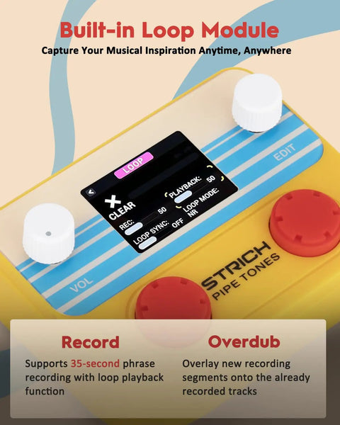 Close-up of a yellow Pocket Desktop Multi Effects Processor with built-in loop module and controls.