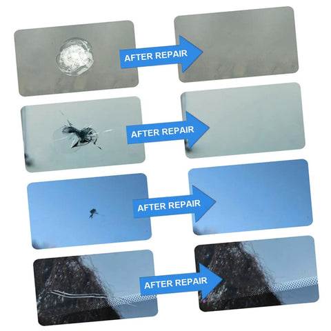 Image showing before and after results using Windshield Crack Repair Kit For Chips And Scratches, Quick Fix Car Glass Repair Tool.