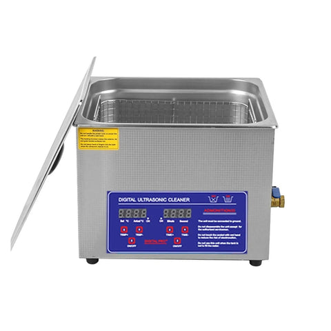 Heavy Duty Ultrasonic Cleaner With Digital Timer And Spacious Tank For Jewelry And Garden Gear Deep Knocks Out Daily Grime And Grease No Sweat Cleanup Always Runs Totally Slick with open lid and control panel.