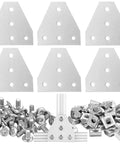 Kickass 2020 Series Aluminum Corner Brackets And Five Hole T Shape Joint Plates For Building Heavy Duty Industrial Rigs Sweet 3D Printer Mods And CNC Frame Assemblies With Durable Silver Finish with six silver brackets and assorted fasteners.