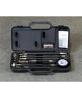 Front view of Mityvac MV5530 engine compression test kit in black case with 2-3/4 in Bourdon gauge and hoses