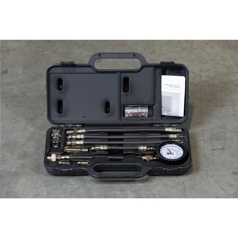 Front view of Mityvac MV5530 engine compression test kit in black case with 2-3/4 in Bourdon gauge and hoses