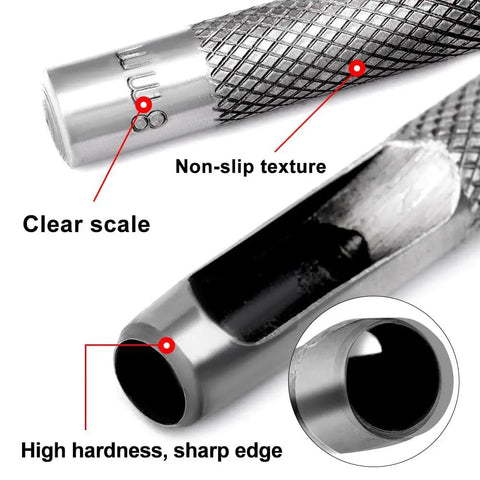 Close-up of 19mm Round Hollow Leather Punch Tool For Crafting Durable Carbon Steel Hollow Punch Cutter with knurled handle