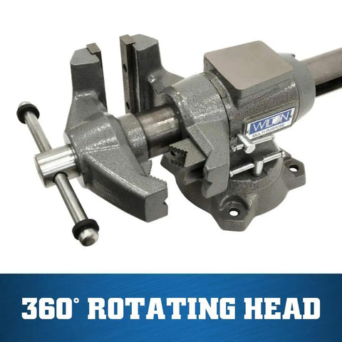 Workhorse Bench Vise With Five and a Half Inch Jaw Five Inch Opening Two and Three Quarter Inch Throat 360 Degree Rotating Head