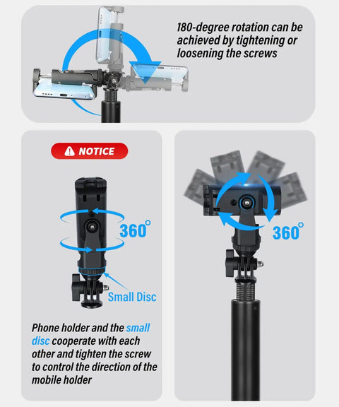 Golf Tripod And Selfie Stick Kit showing 180-degree and 360-degree rotation features with text instructions.