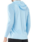 Back view of Men's UPF 50 Plus Sun Shield Hoodie Rash Guard in skyblue, lightweight, long sleeve, moisture wicking fabric.