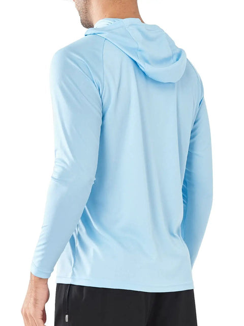 Back view of Men's UPF 50 Plus Sun Shield Hoodie Rash Guard in skyblue, lightweight, long sleeve, moisture wicking fabric.