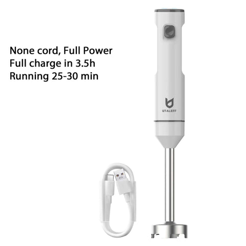 Cordless Hand Blender With Chopper Bowl For Smoothies And Baby Food Soups Rechargeable Wireless Immersion Mixer With Type C Charging next to charging cable.
