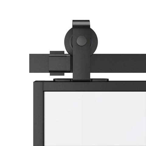 Close-up of top mount hardware on 72 By 84 Inch Double Glass Barn Door With Frosted Glass And Black Aluminum Frame Sliding Door